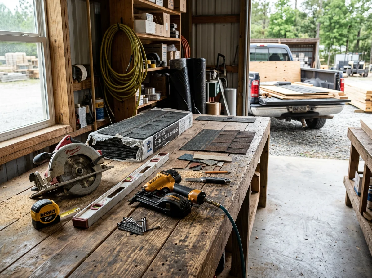 Professional contractor tools and materials organized on a work surface, representing quality home improvement services.