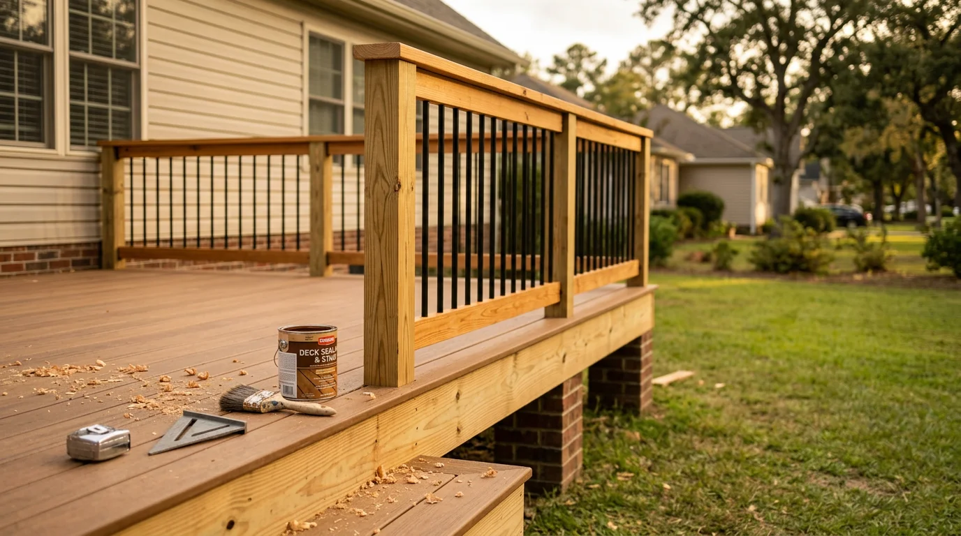 Newly constructed wooden deck with railings on residential home