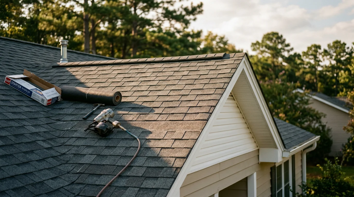 Roofer installing new shingles on residential home