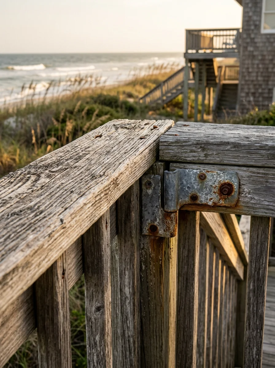 Close-up of weathered wooden deck railing on an Oak Island oceanfront property, showing salt-air durability.