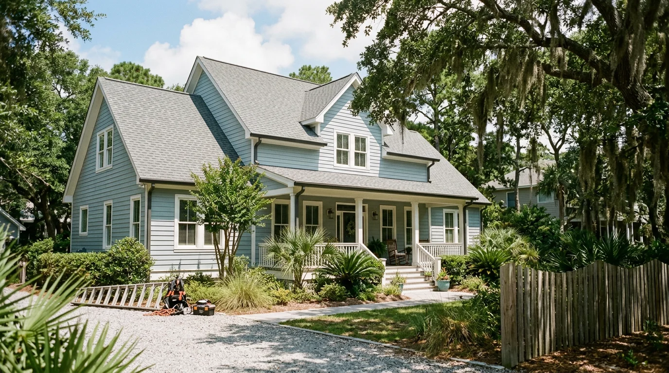 Coastal residential home on Oak Island with mature landscaping and clear blue sky, representing quality island property maintenance.