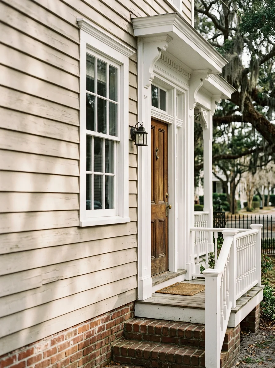Detailed view of a Southport home's exterior trim and entrance, showing professional finish and historic character preservation.