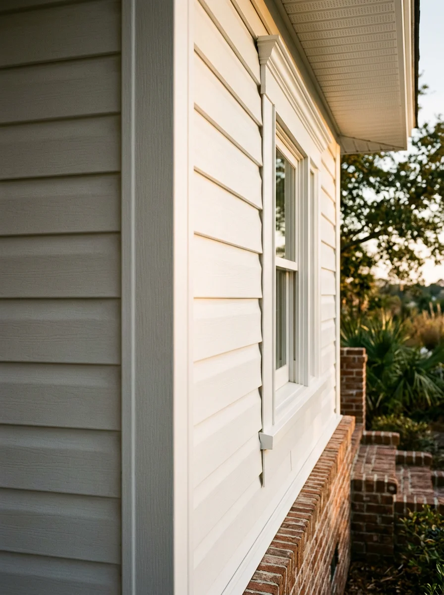 Detail of a Wilmington home's exterior siding and trim, showing professional finish and attention to local weather durability.