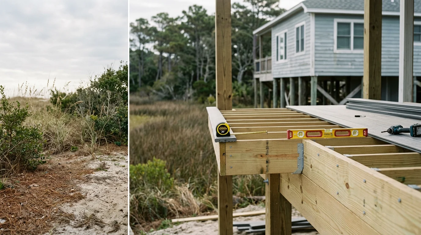 A newly constructed elevated wood deck attached to a coastal home in Oak Island, NC, with railing and stair access. The deck overlooks a residential yard with barrier island vegetation in the background.