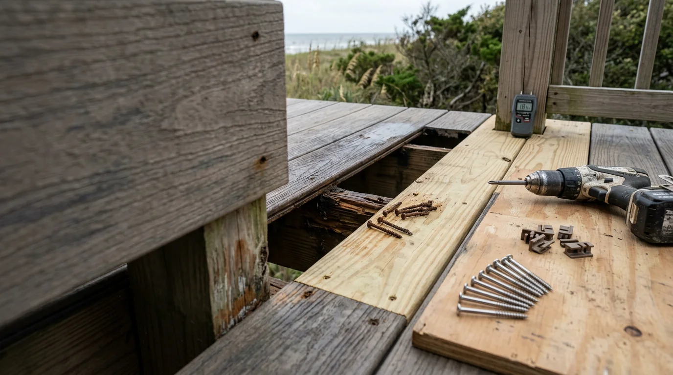 A repaired wood deck on an elevated Oak Island coastal home with replaced decking boards and resecured railings. The structure shows fresh framing repairs and corrosion-resistant hardware suited for Brunswick County salt air exposure.
