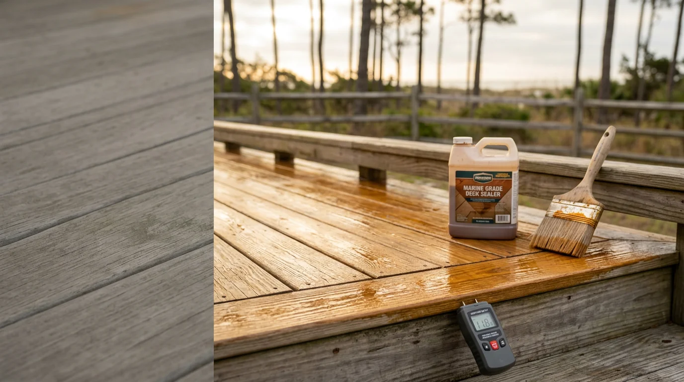 A freshly stained and sealed wood deck on an Oak Island, NC coastal home, showing even color and clean board surfaces. Salt air and ocean light visible in the background reflect the property's beachside setting.