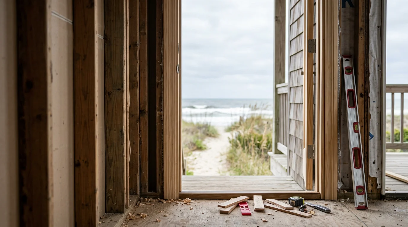 A newly installed exterior entry door on a raised single-family beach house in Oak Island, NC, with clean trim work and a tight frame fit. The coastal home exterior shows weatherboard siding and a covered front entry typical of Oak Island residential properties.