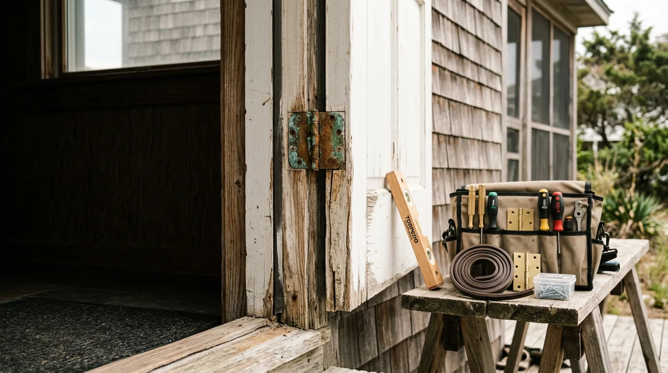 A repaired exterior door on an Oak Island residential home showing aligned frame, new hinge hardware, and intact weatherstripping. Close-up view of the door latch and frame seal after coastal door repair service.