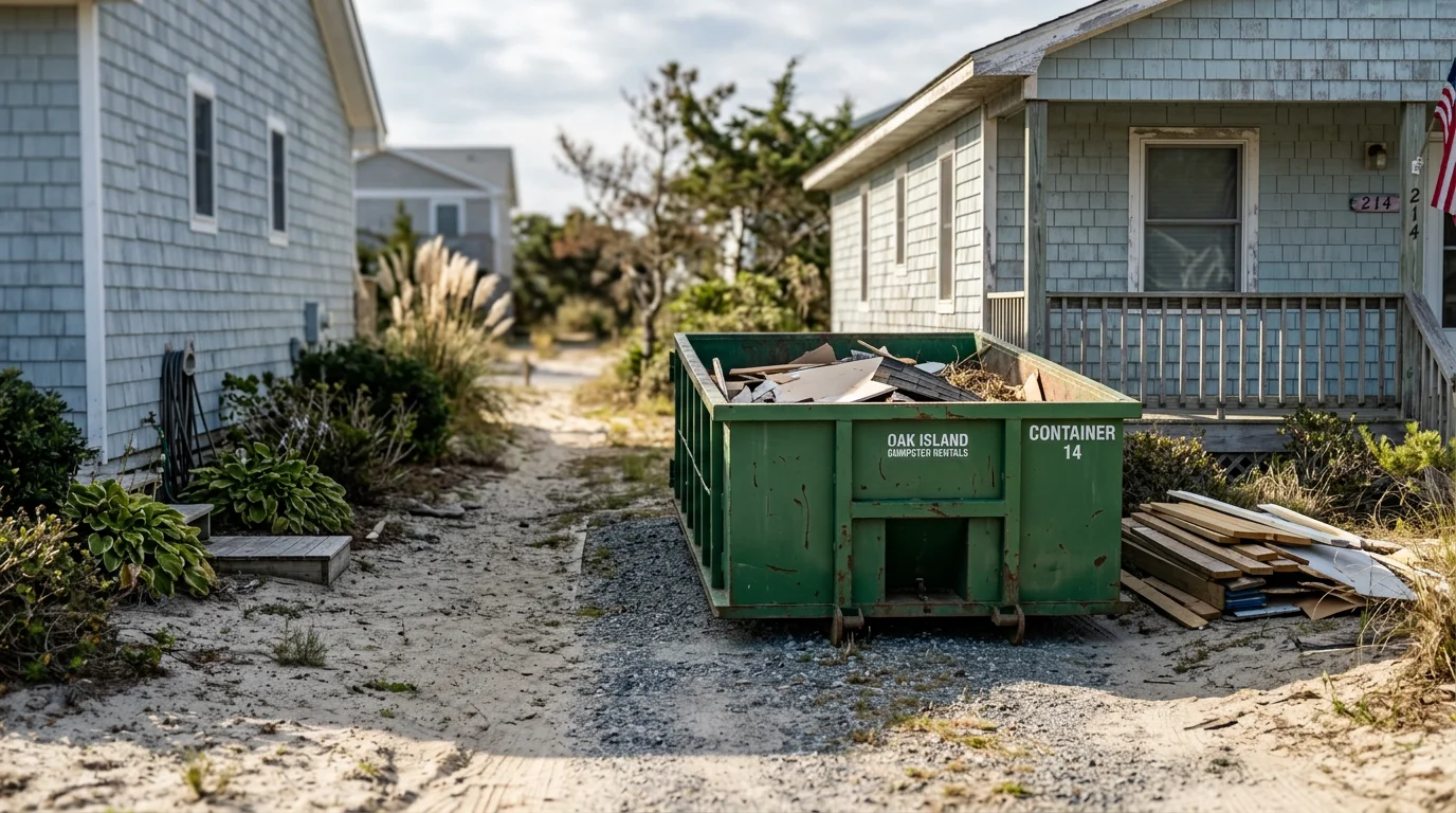 A roll-off dumpster placed on a residential driveway in Oak Island, NC, loaded with renovation debris and construction materials. The surrounding property shows an active home improvement project in progress.