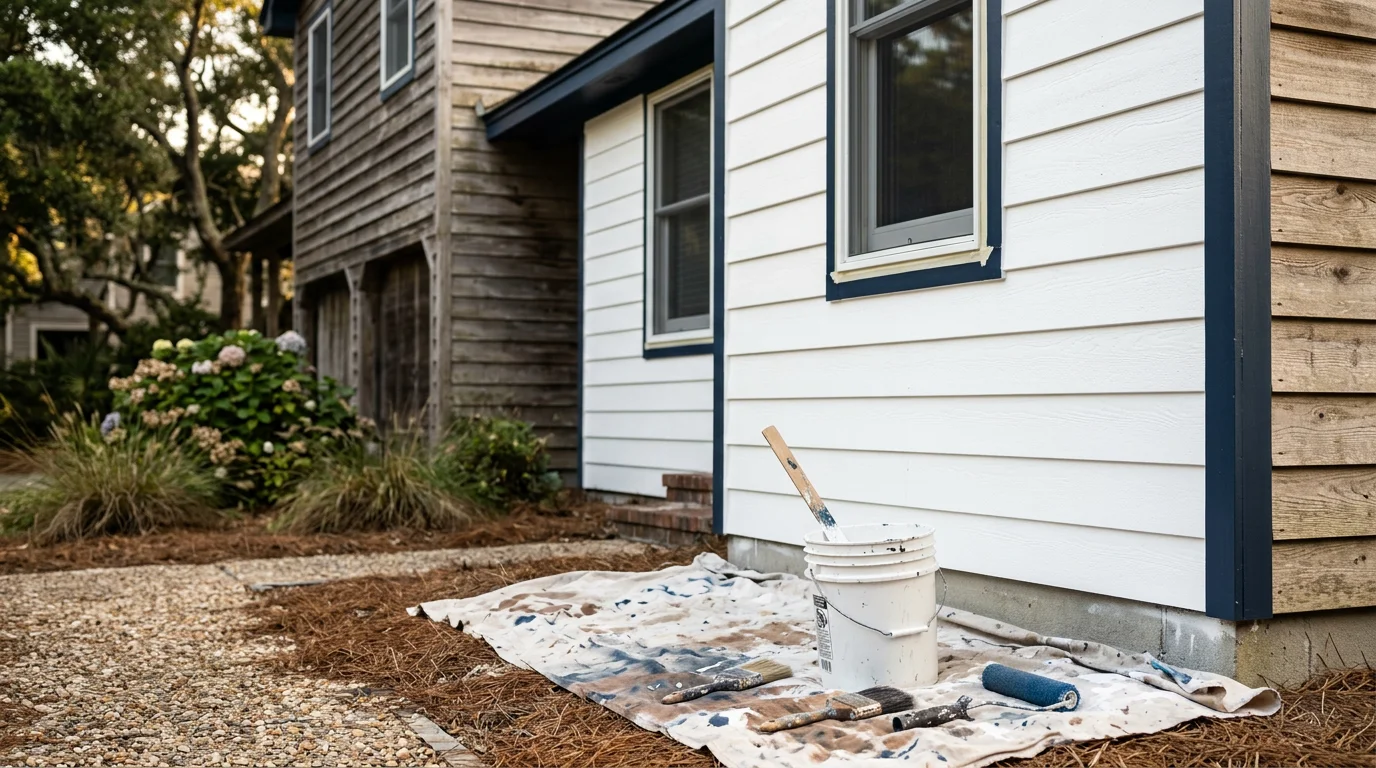 Exterior view of a freshly painted elevated beach cottage in Oak Island, NC, showing clean siding and bright trim against a coastal background. A handyman from Smiths Home and Property Solutions applies a final coat to the wood fascia on the upper level of the home.