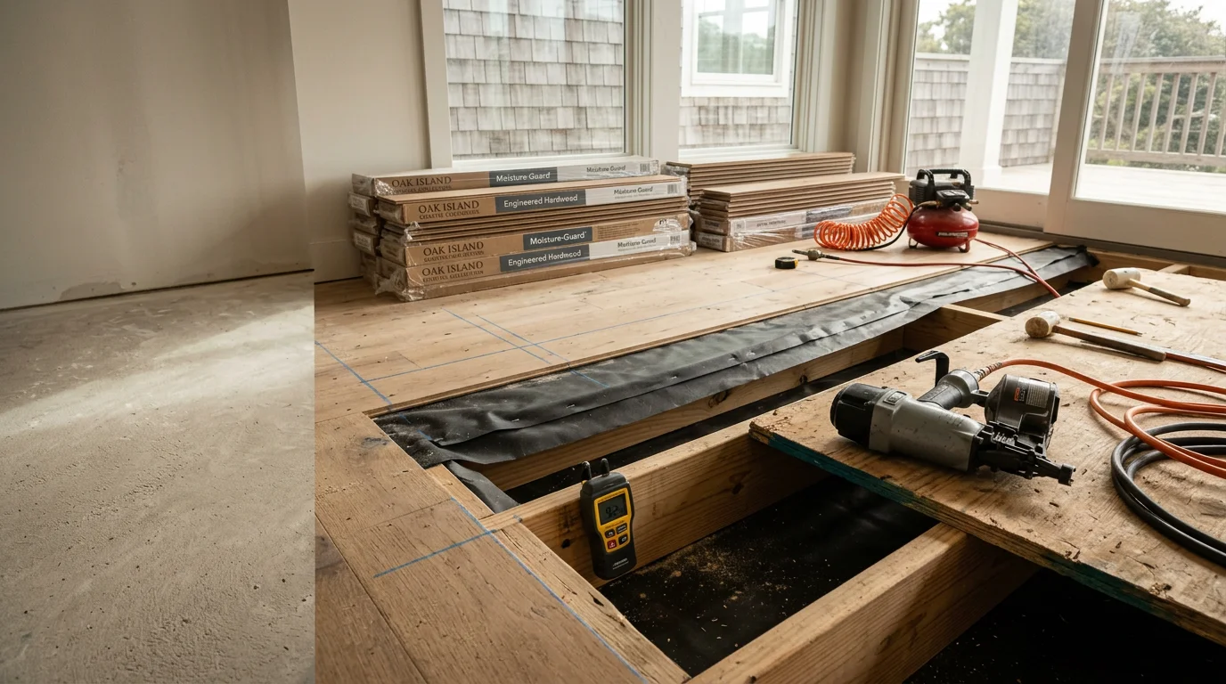 Freshly installed flooring in an Oak Island coastal home with an open floor plan and natural light coming through windows. The finished floor runs cleanly from the living area toward the back of the home, showing level, tight installation work by Smiths Home and Property Solutions.