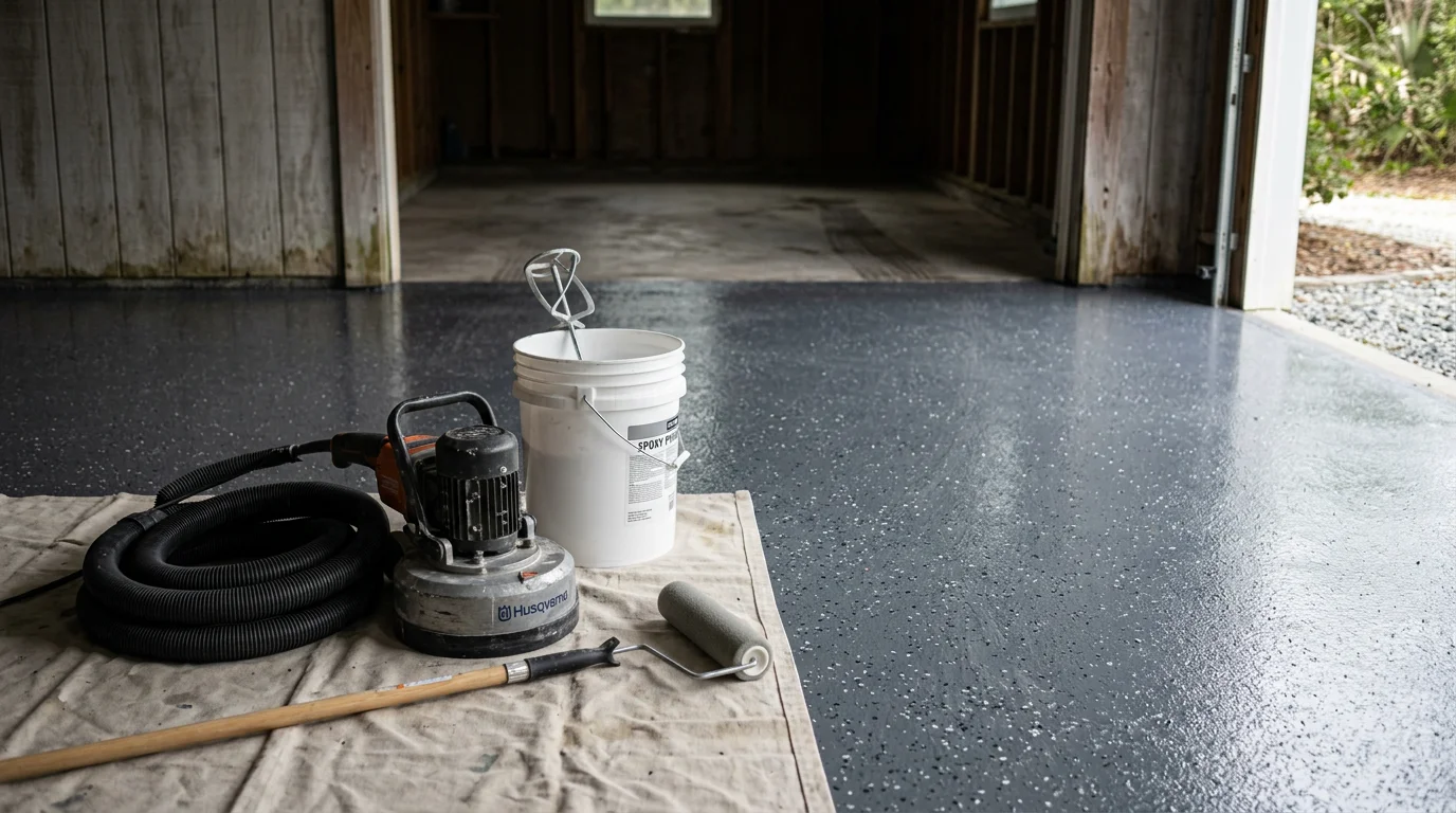 A freshly coated garage floor in an Oak Island home showing a smooth, glossy epoxy surface free of cracks and stains. The sealed concrete reflects overhead lighting and shows no signs of moisture damage or coastal wear.