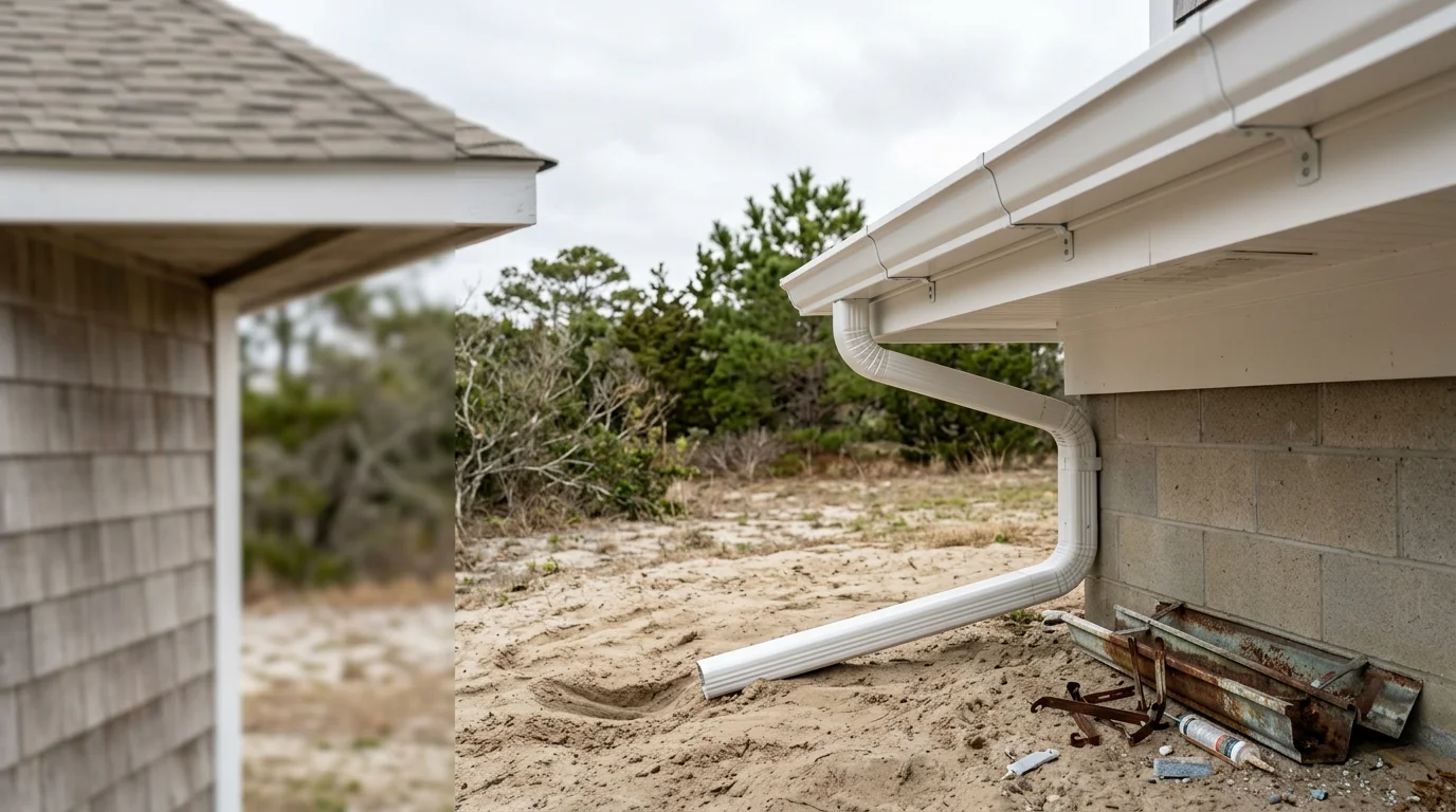 A contractor installing a new gutter section along the roofline of a coastal home in Oak Island, NC. The image shows the fascia board, downspout connection, and surrounding Brunswick County tree canopy in the background.