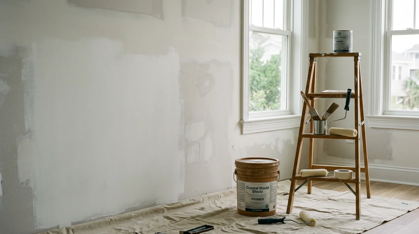 Interior living room wall of an Oak Island single-family home freshly painted in a clean neutral tone, with coastal natural light coming through the windows. A handyman from Smiths Home and Property Solutions applies a second coat to the trim near the baseboard.