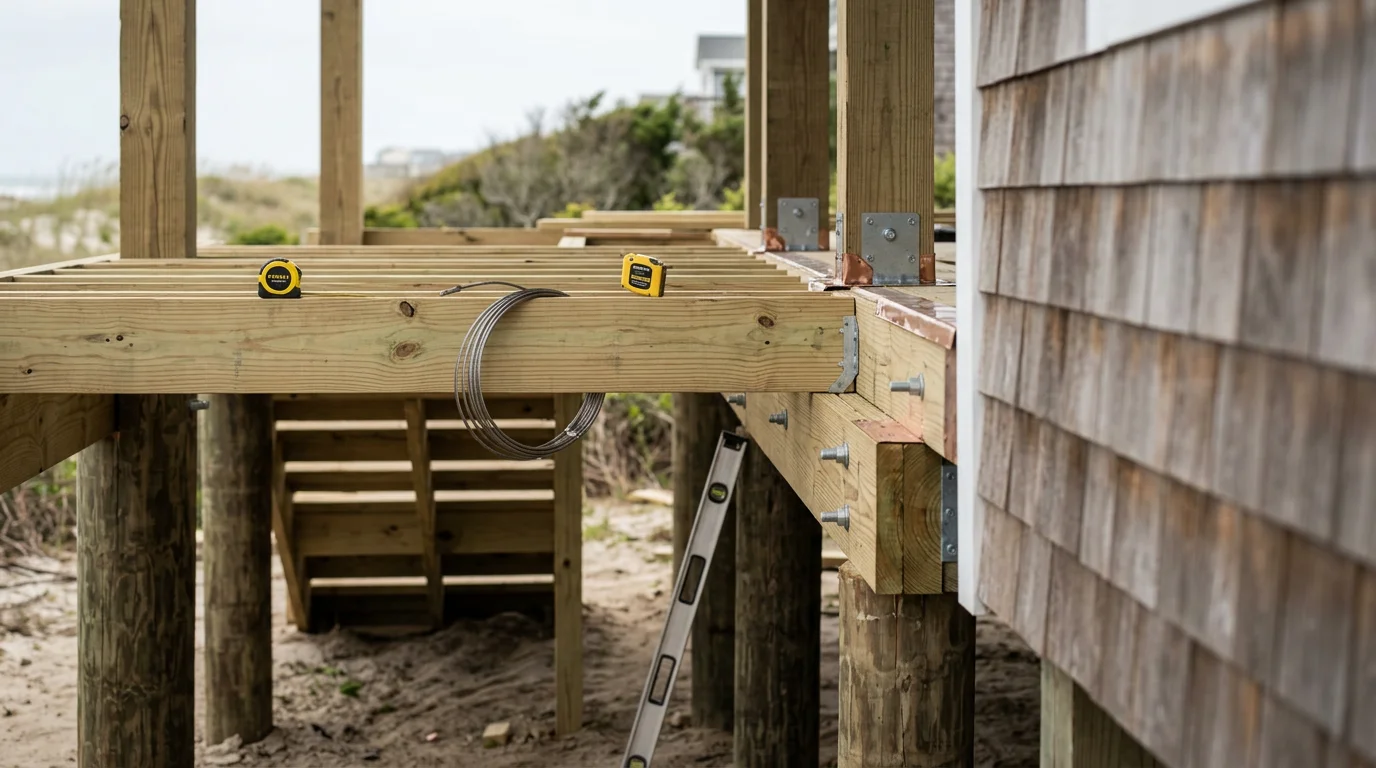 A newly constructed covered porch on an elevated coastal home in Oak Island, NC, featuring screened panels and corrosion-resistant railing hardware. The porch overlooks a residential Oak Island street with mature coastal vegetation in the background.