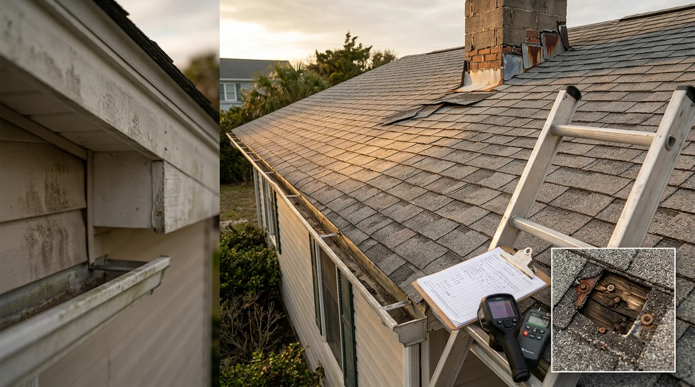 A roofing contractor from Smiths Home and Property Solutions inspecting shingles and flashing on a coastal home in Oak Island, NC. The image shows close examination of roof edges and metal components on a barrier island property.