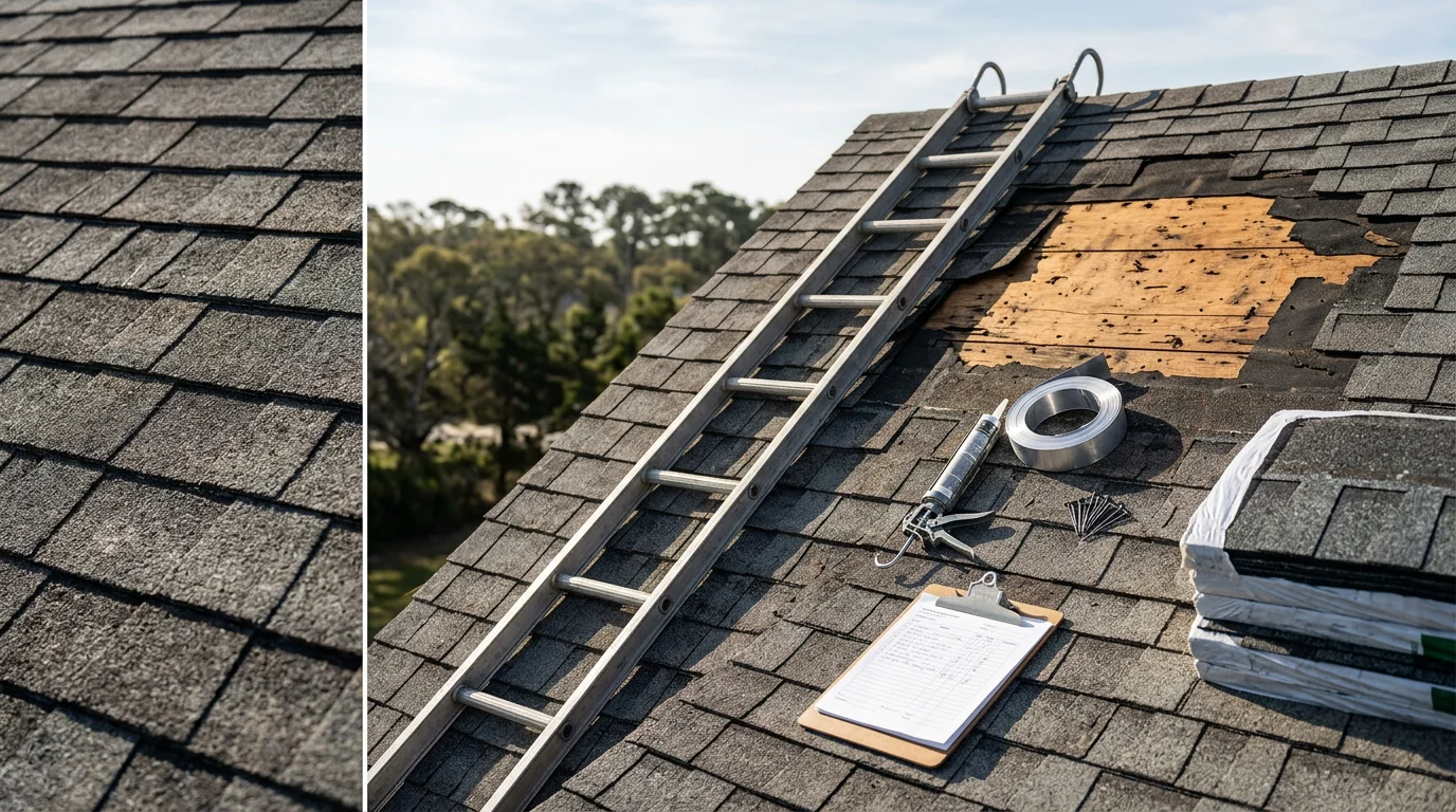 A roofing contractor inspecting and repairing lifted shingles and flashing on a residential home in Oak Island, NC. The coastal neighborhood and clear sky are visible in the background following storm damage.