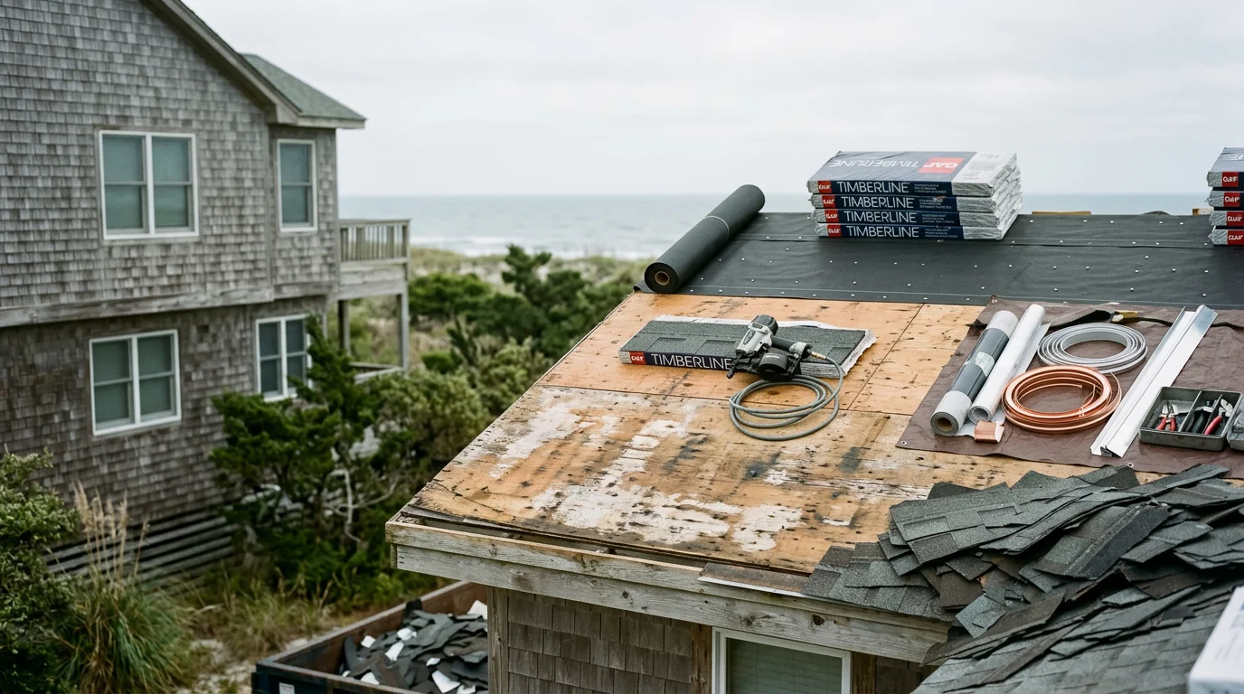 A completed roof replacement on a single-family home in Oak Island, NC, showing new shingles, clean ridge lines, and finished flashing details on a raised coastal property. The surrounding environment reflects the barrier island setting with clear sky and coastal vegetation visible in the background.