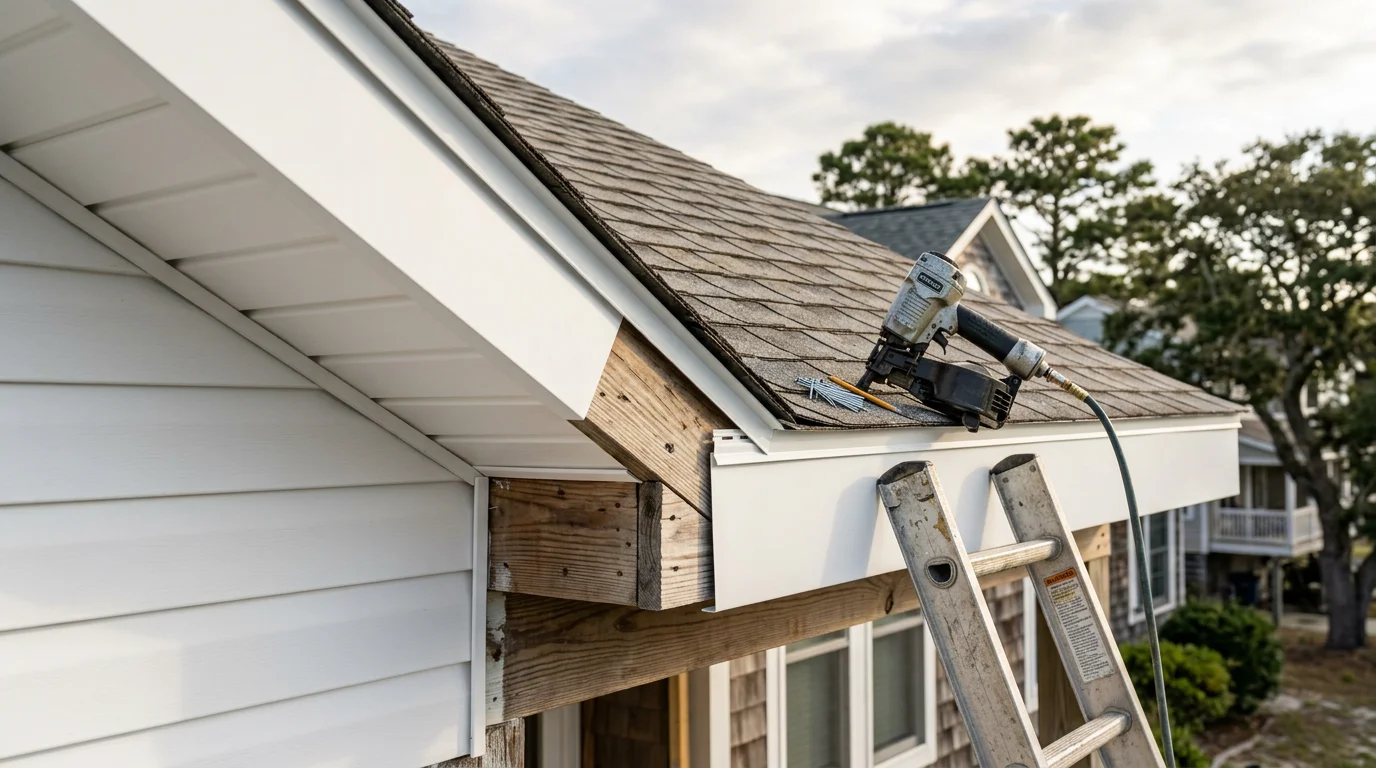 Newly installed soffit and fascia panels along the roofline of a coastal home in Oak Island, NC. The finished roofline shows clean fascia boards with secured gutters and vented soffit panels running the full length of the eave.