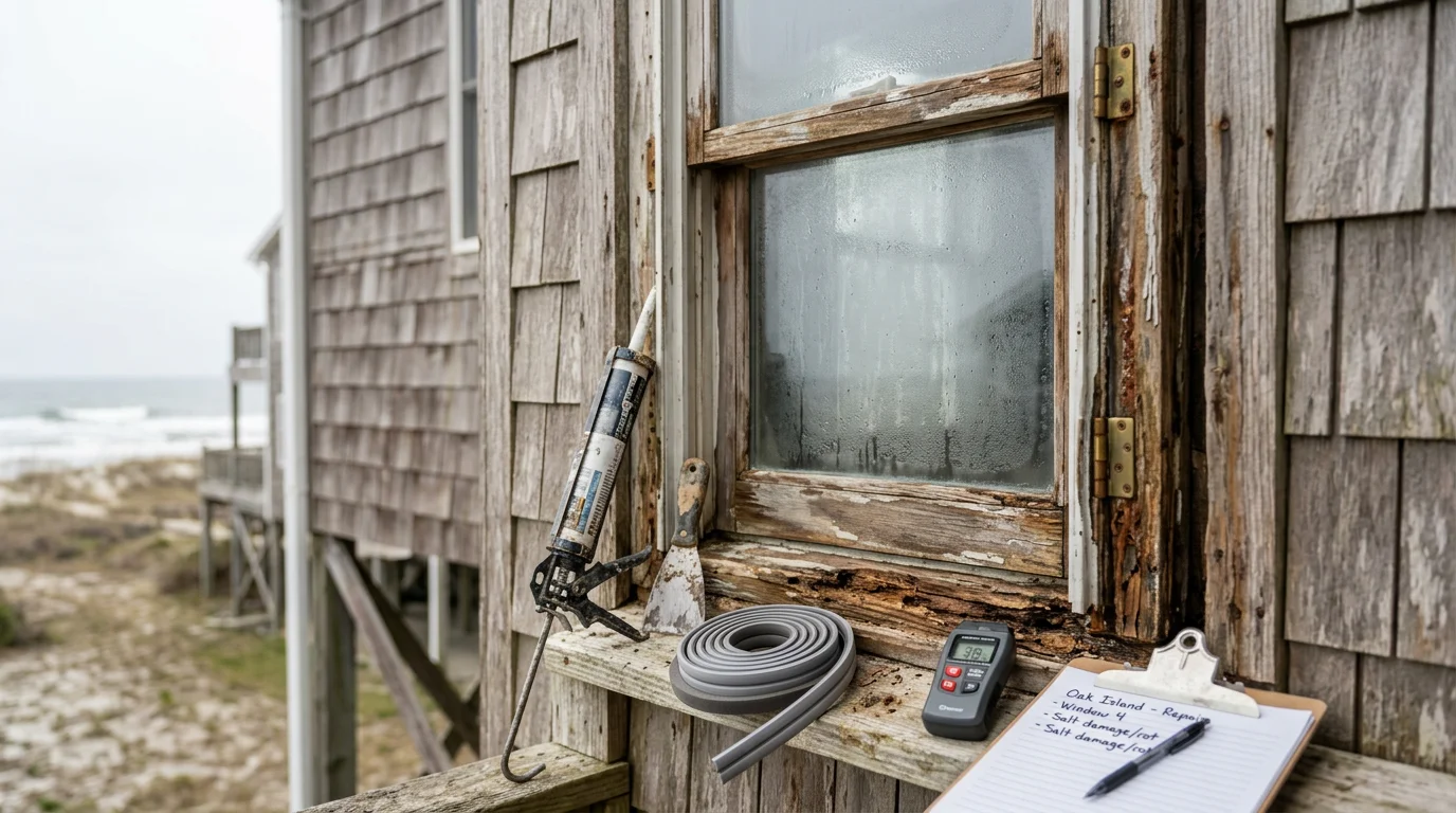 A repaired double-pane window on an elevated Oak Island beach home, showing a clean frame and clear glass with no visible moisture or damage. A contractor inspects the window seal and hardware on the exterior of the coastal property.