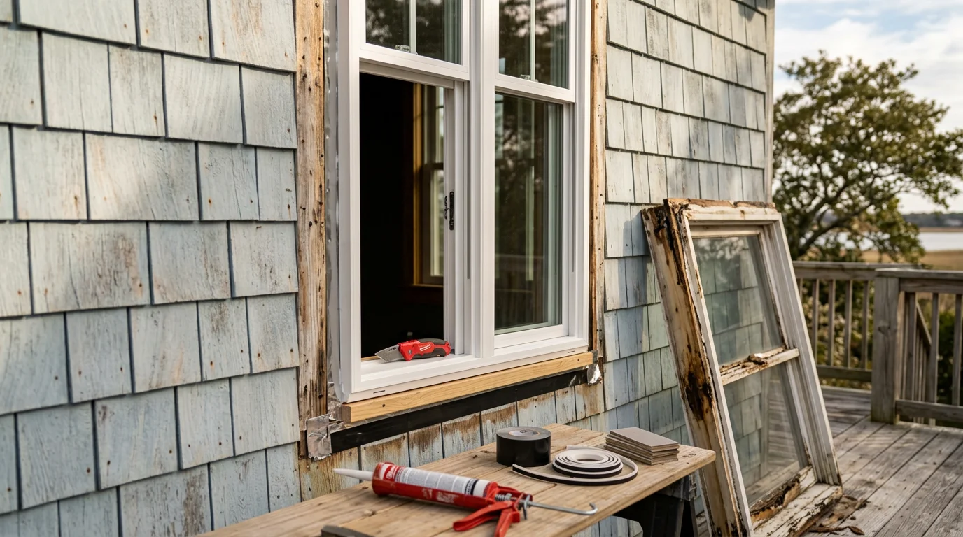 Newly installed replacement windows on a raised single-family beach house in Oak Island, NC, with clean frames and insulated glass visible from the exterior. The home sits in a coastal residential setting typical of the Oak Island oceanfront and second-row areas.